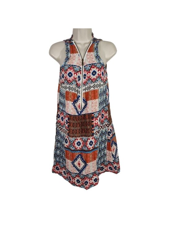 New Look Dresses & Skirts - New Look Sheath Dress Half Zip Women Size L Blue Brown White Southwestern FLAW